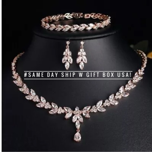 Rose Gold Necklace Set Crystal Rhinestone Statement Wedding Bridal Jewelry Set - Picture 1 of 2
